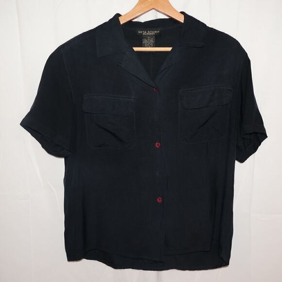 Seta Studio Blouses 100% Silk Size Small Short Sleeve Midnight Blue Button Up - Picture 10 of 13